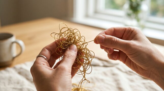 A close-up view of hands carefully manipulating a tangled gold thread with a needle, illustrating the patience and detailed work required in various crafting activities and DIY projects