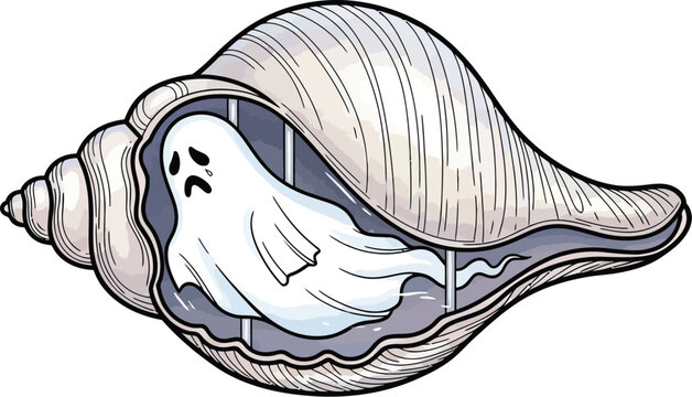Ghost sitting inside a spiral seashell looks sad while resting on the ocean floor bed.