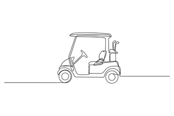 Naklejka premium Continuous single line drawing of a golf cart parked on a golf course with transportation minimalist continuous illustration recreation activity movement vacation equipment steering electric