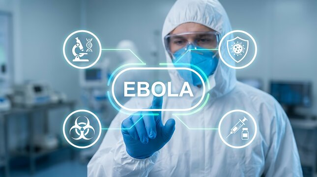 Scientist in hazmat suit touches screen displaying ebola virus information microscopic analysis biohazard vaccine research protection science.
