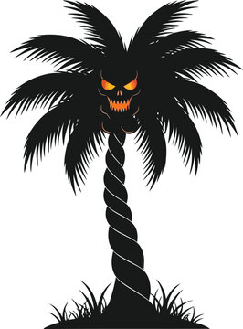 Palm tree twisted into a sinister skull shape evokes a cursed tropical island nightmare.
