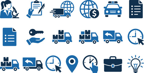 Set of delivery, business, and science vector icons with trucks, globes, police car, and lightbulbs. © Emongrapic
