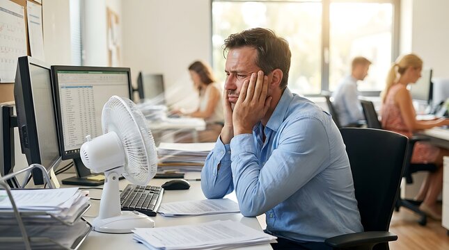 Man feeling heat from desk fan at office workstation overwhelmed by work and hot weather trying to cool down with hands.