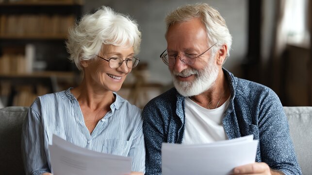 Senior couple smiling while reviewing retirement documents