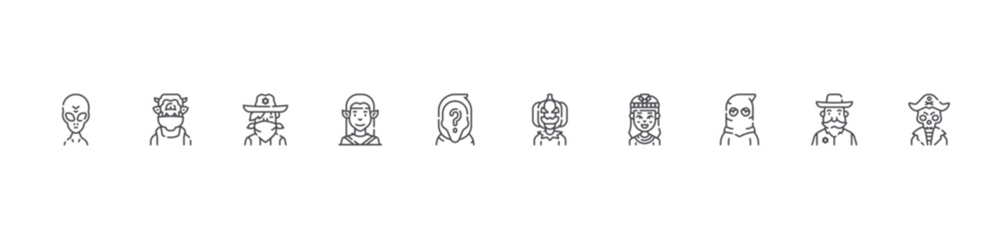 set of 10 thin line fantastic characters icons such as alien, ogre, cowboy, elf, anonymous, jack o lantern, cleopatra, executioner, sheriff, pirate. editable stroke vector illustration isolated on