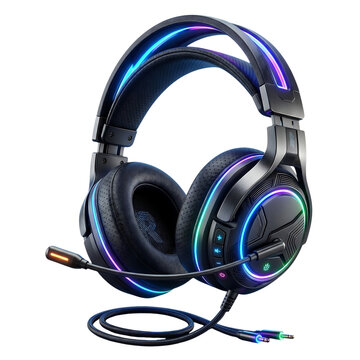 Black gaming headset with colorful neon lights on a transparent background