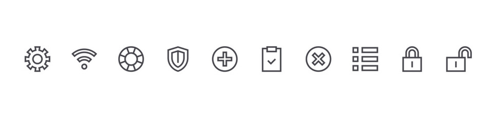 Fototapeta premium set of 10 thin line web essentials icons such as option, wifi, lifesaver, shield, add, clipboard, cancel, menu, lock, unlock. editable stroke vector illustration isolated on white
