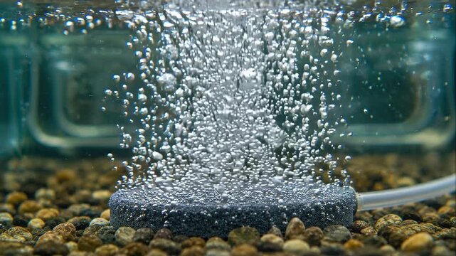 Aquaponics farming airstone releasing bubbles over gravel in aquarium creating oxygenation and lively oxygenated water with serene bubbling atmosphere