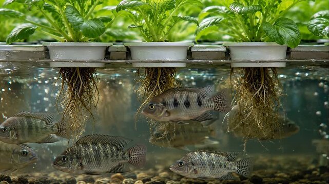 Aquaponics farming leafy lettuce roots suspended above fish tank with tilapia swimming below nutrient rich aquaponics system with leafy greens above