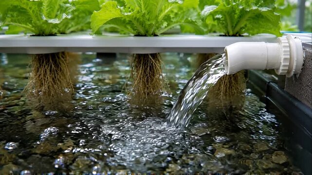 Aquaponics farming leafy lettuce roots suspended over flowing nutrient water greenhouse hydroponic system creating sustainable indoor food production
