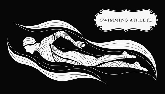Very beautiful black-and-white engraved vector illustration featuring a SWIMMING ATHLETE performing a freestyle stroke with elegant water-inspired details and a decorative label reading "SWIMMING ATHL