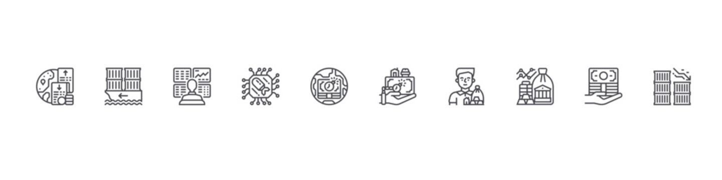 set of 10 thin line economic crisis icons such as expend, import, trader, war, debt, debt, investor, reserve, loan, export. editable stroke vector illustration isolated on white
