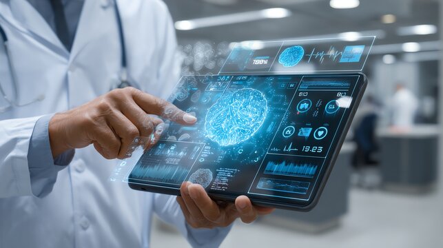 healthcare professional checking data, tablet interface, AI visualization