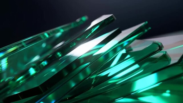 Slow motion tracking shot of stacked green glass panels tilting and sliding on tabletop in dark studio close up