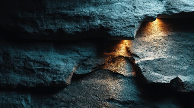 Textured image of roughly hewn stone, with warm illumination spilling from crevices