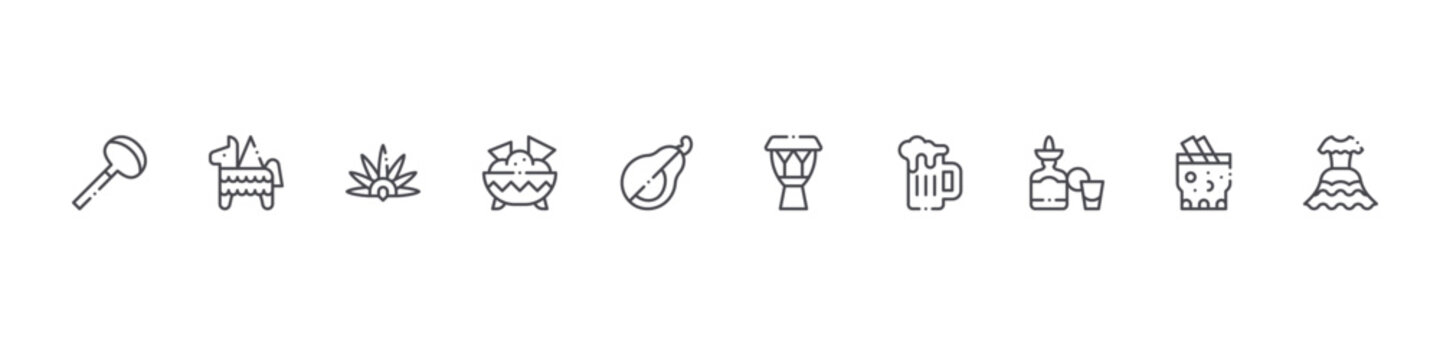 set of 10 thin line mexico icons such as coa de jima, pi?ata, headdress, nachos, avocado, drum, beer mug, tequila, tepache, dress. editable stroke vector illustration isolated on white