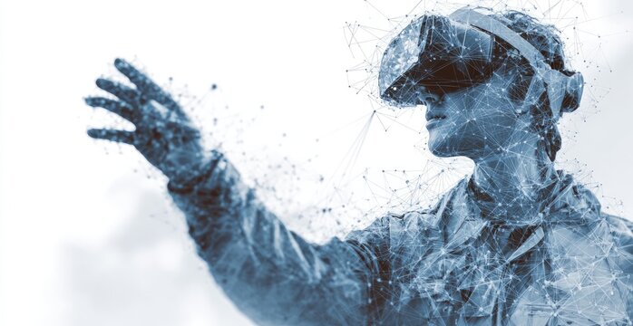 Person wearing VR headset, reaching towards bright, abstract networks of connected dots