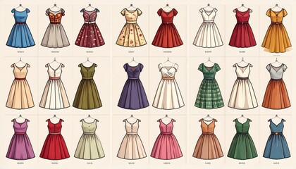 Fototapeta premium Array of colorful vintage dresses on mannequins