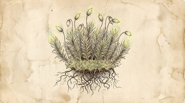 Illustration of Vibrant green moss grows on a damp stone wall with tiny flowers.