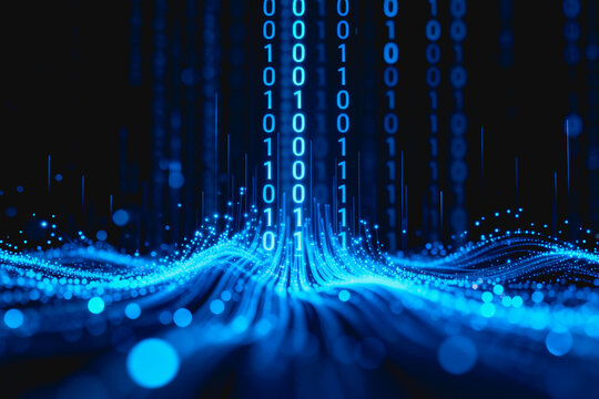 A futuristic digital visualization showing binary code streams and glowing light waves representing data flow and information technology.