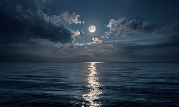 Night seascape, serene ocean reflecting the bright moon, clouds, and dark twilight sky