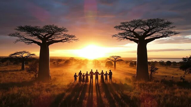 Spirituality of love for hope in humanity Africa concept. Silhouetted group holding hands at sunrise in baobab tree landscape with warm golden light and dramatic sky