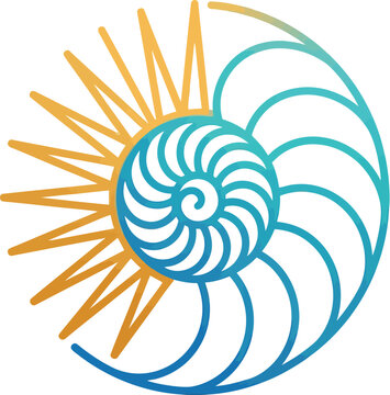 Nautilus sun icon blends organic spiral shell patterns with radiant solar beams for natural.