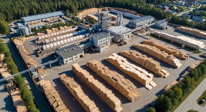 Aerial view of a large industrial sawmill estate with abundant stacked lumber ready for processing and distribution