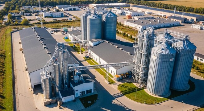 Aerial view of a modern grain feed mill manufacturing facility with large industrial silos and complex infrastructure for production
