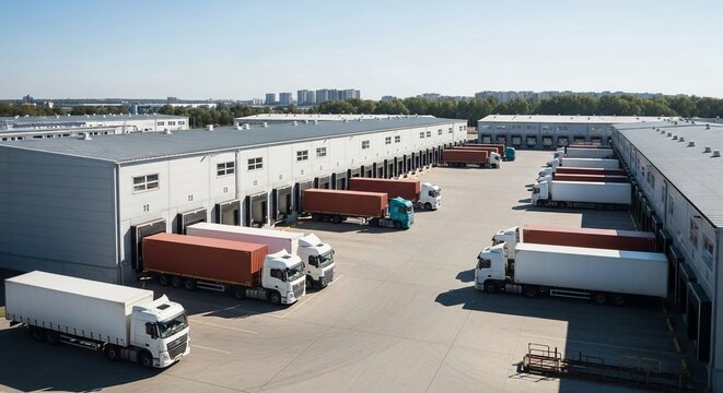 Busy logistics park with numerous trucks at warehouse loading docks during daytime operations