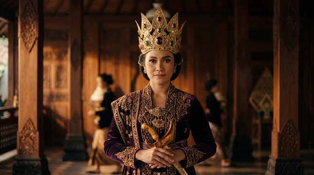 A regal Indonesian person wearing a golden crown symbolizing selfmastery and inner royalty, posing confident in a traditional purple kebaya with a keris dagger in a palace setting.