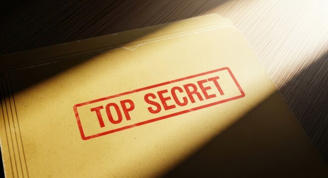 Closeup of a top secret document with red stamp on yellow paper