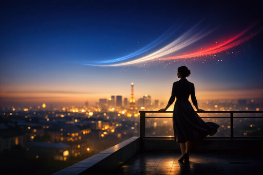 Bastille Day rooftop silhouette woman gazing at Paris skyline with blue white red luminous ribbons symbolic of freedom unity celebration July 14