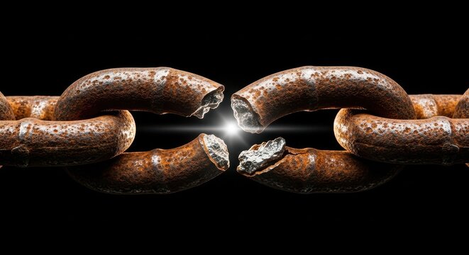 Broken rusty chain with a bright light between two parts on black background