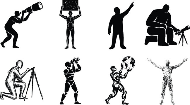 Astronomer and stargazer silhouettes set featuring people using telescopes, binoculars, holding globes, and mapping star constellations
