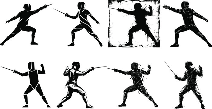 Fencing sport athletes silhouette collection featuring sword fighters posing with epee foil and sabre weapons in different design styles