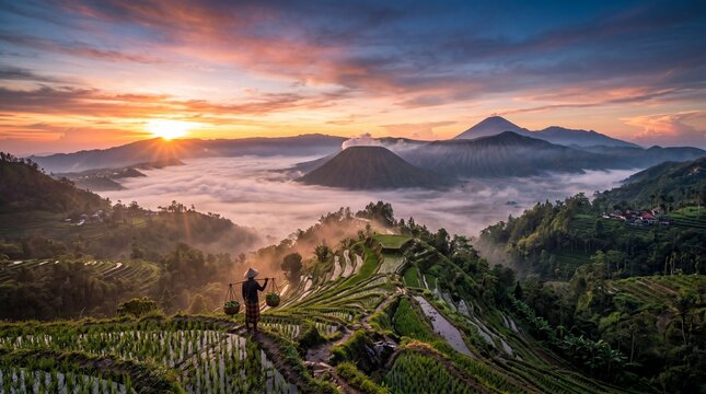 A vibrant sunrise over an Indonesian landscape symbolizing new beginnings and hope, breathtaking epic view of Mount Bromo rice terraces and a local farmer at dawn.