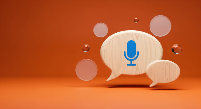 Audio podcast recording layout with text placement area for promoting voice message broadcasting technology or digital speech recognition search assistant training presentation template