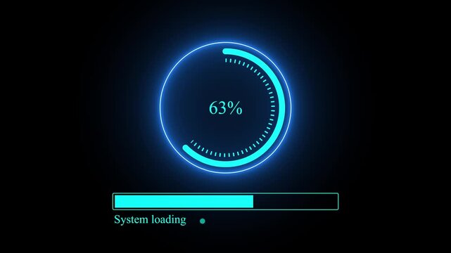 Animated System Loading Progress Bar with Cyan Neon Circular Percentage Counter from 0 to 100, Futuristic HUD Booting Interface Motion Graphic Isolated on Black Background,Whit on a black blackground.