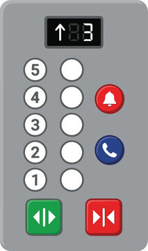 Elevator control panel with floor selection buttons, alarm bell, call button, and door open/close controls in flat vector illustration style.