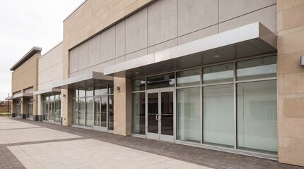 Modern empty retail storefront commercial building facade with glass doors and metal awnings in a suburban shopping center plaza