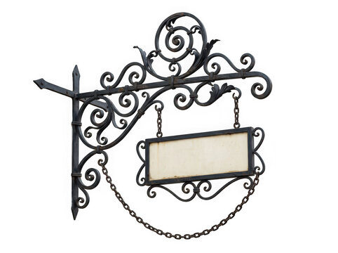Vintage Ornate Hanging Sign with Scrollwork Frame Isolated on Transparent Background