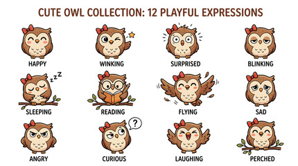 Obraz premium Cute owl collection with 12 playful expressions, cartoon bird character set in vector format, brown owl emoji icons for children education