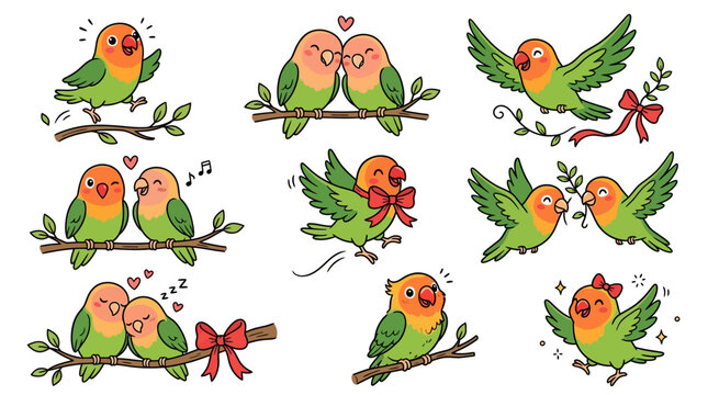 Cute lovebird parrot character set, hand drawn peach-faced lovebirds in various poses, romantic bird couple vector illustrations for wedding and valentine decor