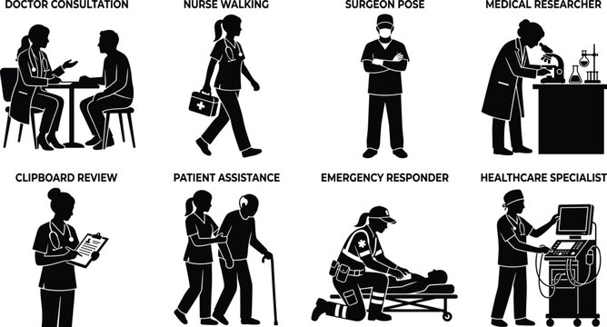 Black and white medical silhouettes set featuring doctor consultation, nurse walking, surgeon pose, medical researcher, and healthcare specialists on white background