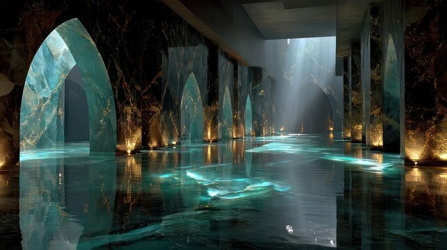 Architectural rendering of a grand, indoor pool hall with arched supports and light shafts