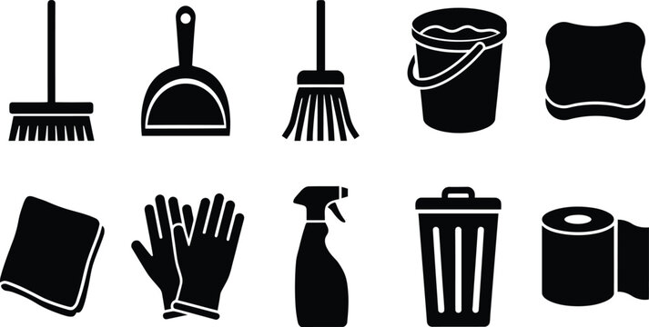 Black and white cleaning icons set including broom dustpan bucket gloves and more