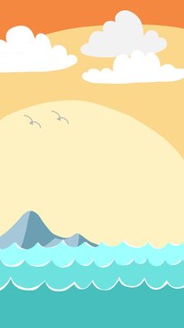 Minimal vertical vector background with animated warm sea waves, mountains, and orange sunset sky. Playful shark fin looped video for stories.
