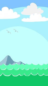 Minimal vertical vector background with animated sea waves, distant mountains, and a cute shark fin. Looped video for social media stories.