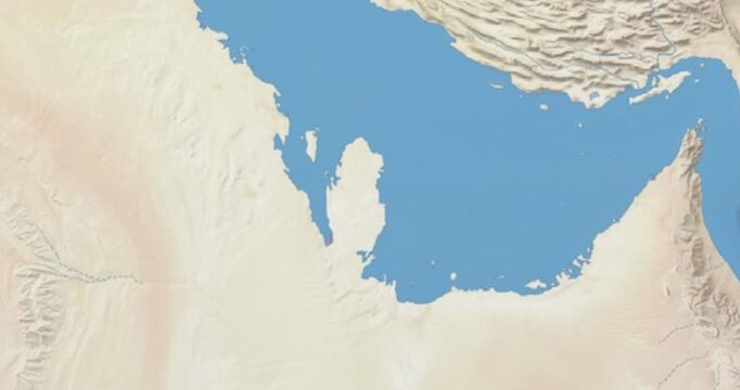 Qatar on Globe. Zoom into the country with Earth spinning on dark background. Physical world map with Qatar and label on it. Country view animation.